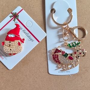 Festive Gold and Red Santa Brooch and Sleigh Keychain Set